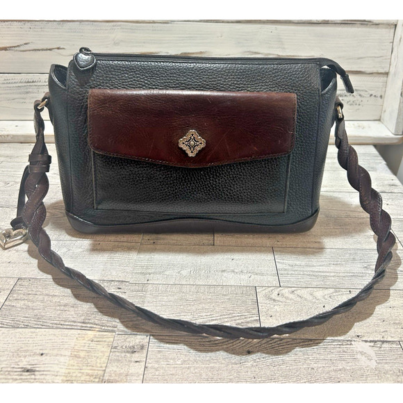 Brighton Handbags - Brighton Two Tone Leather Shoulder Handbag Purse Black Brown floral interior